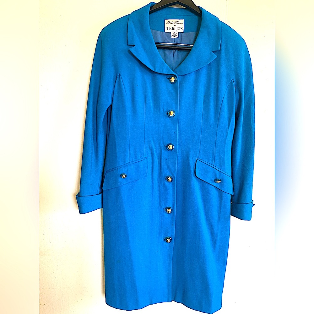 TERI JON for RICKIE FREEMAN Vintage 100% Crepe Wool Coat Dress- Sz 8-Teal-READ!!